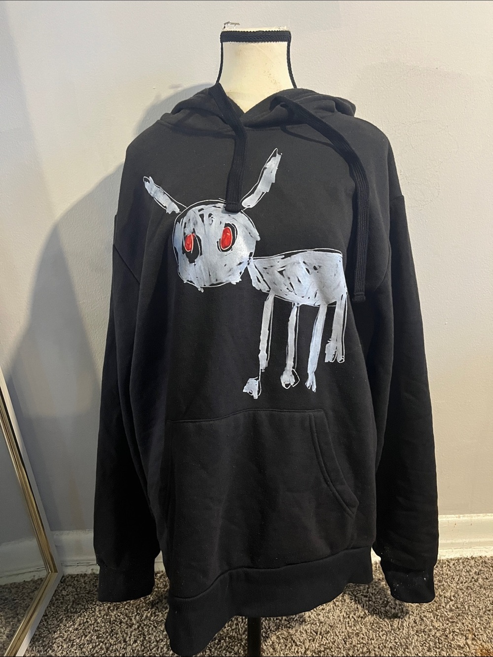 Black Graphic Zip-Up Hoodie Sweater with White & Red Artwork (DADDY GOAT)